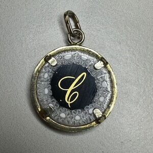 Round Charm Pendant Gold Tone Sterling silver Black Initial C‎ Millefiori Glass